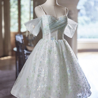 Light Green Tulle Short A-Line Party Dress, Lovely Off the Shoulder Evening Dress - Thumbnail 3