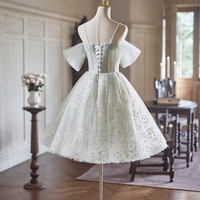 Light Green Tulle Short A-Line Party Dress, Lovely Off the Shoulder Evening Dress - Thumbnail 4