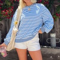 Blue White Stripe Casual Sweatshirt - Thumbnail 2