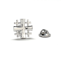 Jerusalem Cross Lapel Pin Crusaders Shield Cut Out Design Silver Tone 3D Five-Fold Cross Pin Tie Tack Lanyard Pins - Thumbnail 5