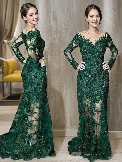 Elegant Mother of Bride/ Groom Dress Green Lace Long Sleeve Evening Formal Gowns Prom Dress