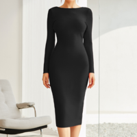 Black Zipper Design Long Sleeved Backless Tight Dress - Thumbnail 3