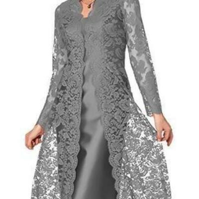 Elegant mother of bride/ groom dress grey sheath lace tea-length evening formal gowns prom dress