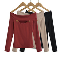 Sexy one-shoulder hollow air quality long-sleeved tight top T-shirt - Thumbnail 6