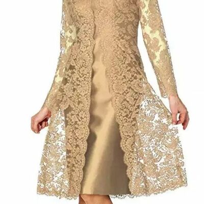 Elegant mother of bride/ groom dress champagne sheath lace tea-length evening formal gowns prom dress