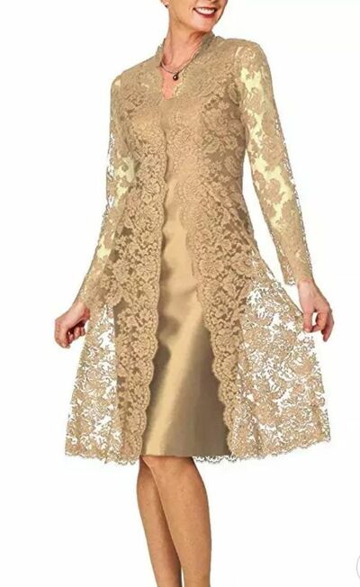 Elegant Mother of Bride/ Groom Dress Champagne Sheath Lace Tea-length Evening Formal Gowns Prom Dress