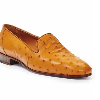 Handmade men tan leather loafer shoes ostrich texture, western style moccasin shoes, loafers