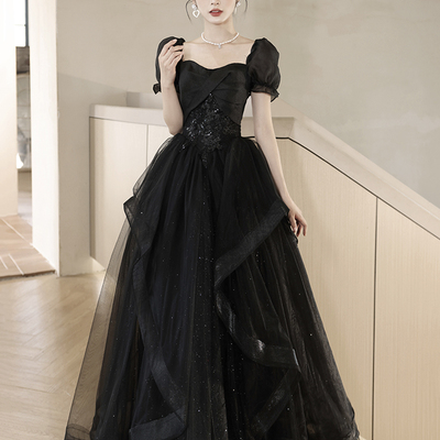 Black tulle lace long prom dress, black a-line evening party dress - Thumbnail 1
