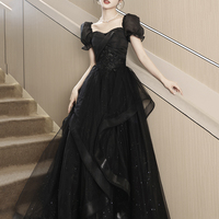 Black Tulle Lace Long Prom Dress, Black A-Line Evening Party Dress - Thumbnail 2