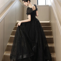 Black Tulle Lace Long Prom Dress, Black A-Line Evening Party Dress - Thumbnail 3
