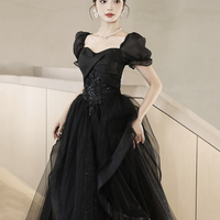 Black Tulle Lace Long Prom Dress, Black A-Line Evening Party Dress - Thumbnail 4