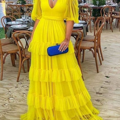 Floor length yellow chiffon evening prom dresses with short sleeves