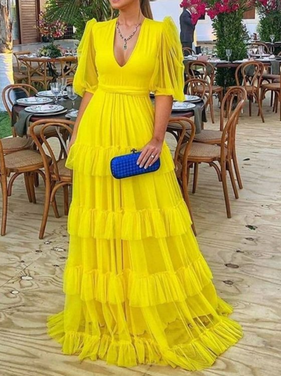 Floor Length Yellow Chiffon Evening Prom Dresses With Short Sleeves