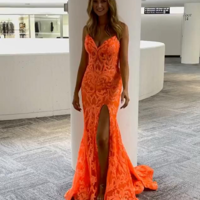 Unique orange straps v neck split prom dresses - Thumbnail 3