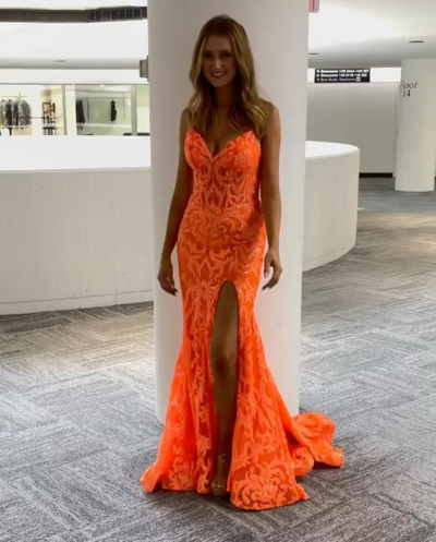 Unique Orange Straps V Neck Split Prom Dresses