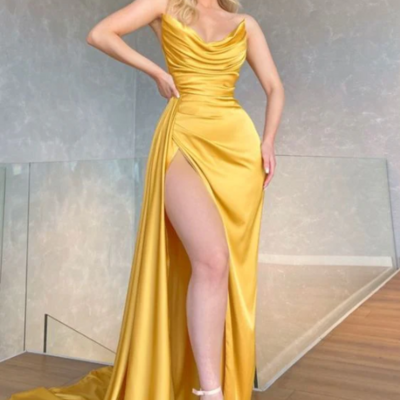 Sexy v-neck long yellow formal mermaid high side split prom dress 