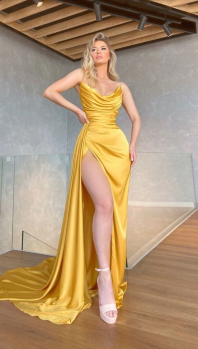 Sexy V-Neck Long Yellow Formal Mermaid High Side Split Prom Dress 
