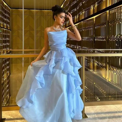 Strapless a-line blue tulle ruffled long evening dress - Thumbnail 2