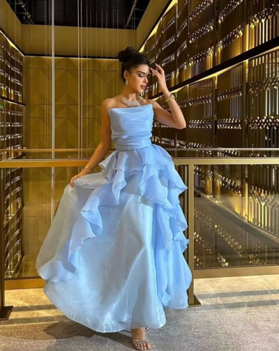 Strapless A-Line Blue Tulle Ruffled Long Evening Dress