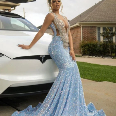 Mermaid blue sparkly evening dress sexy prom dresses - Thumbnail 2