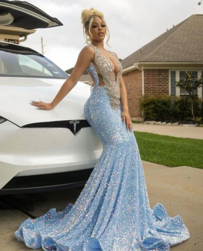 Mermaid Blue Sparkly Evening Dress Sexy Prom Dresses