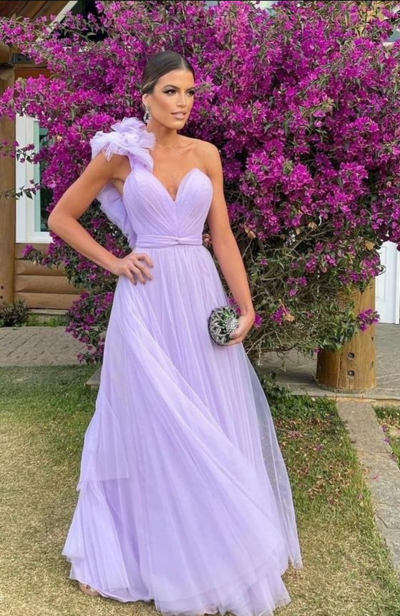 Floor Length Light Purple A-line Tulle Prom Dresses