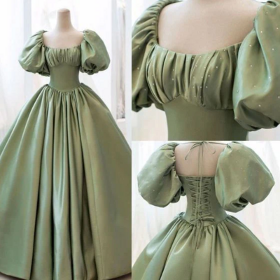 Elegant green stain ball gown party dress with short sleeves - Thumbnail 3