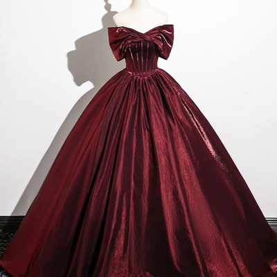 Burgundy satin long prom dress, elegant a-line party dress - Thumbnail 1