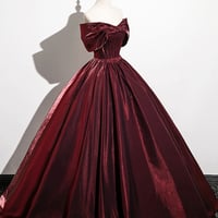 Burgundy Satin Long Prom Dress, Elegant A-Line Party Dress - Thumbnail 2