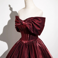 Burgundy Satin Long Prom Dress, Elegant A-Line Party Dress - Thumbnail 4