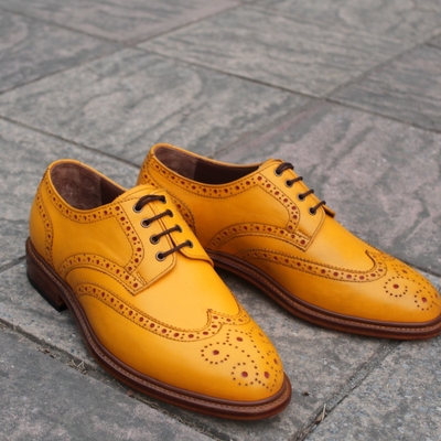 Crafted leather classic new handmade mens full brogue yellow leather wing-tip dress shoes