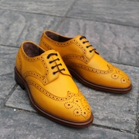 Crafted Leather Classic New Handmade Mens Full Brogue Yellow Leather Wing-tip Dress Shoes - Thumbnail 1