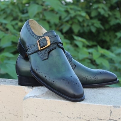 Crafted leather handmade mens green monk strap dress formal shoes