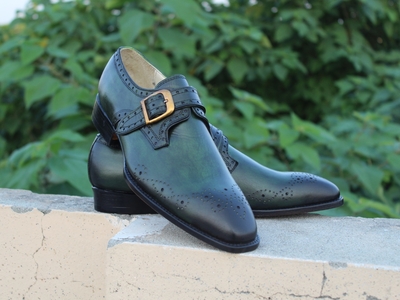 Crafted Leather Handmade Mens Green Monk Strap Dress Formal Shoes