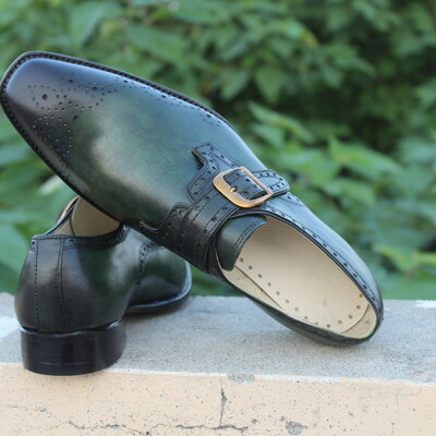 Crafted leather handmade mens green monk strap dress formal shoes