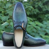 Crafted Leather Handmade Mens Green Monk Strap Dress Formal Shoes - Thumbnail 2
