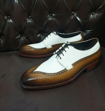 Crafted Leather Classic and Elegance Brown White Leather Wingtip Oxford Mens Shoes