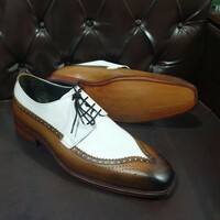 Crafted Leather Classic and Elegance Brown White Leather Wingtip Oxford Mens Shoes - Thumbnail 1