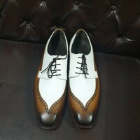 Crafted Leather Classic and Elegance Brown White Leather Wingtip Oxford Mens Shoes - Thumbnail 3
