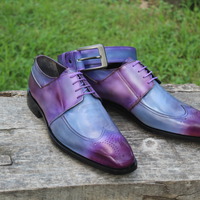  Crafted Leather Classic Handmade Mens Purple Patina Wingtip Dress Oxford Shoes with Matching Belt - Thumbnail 2