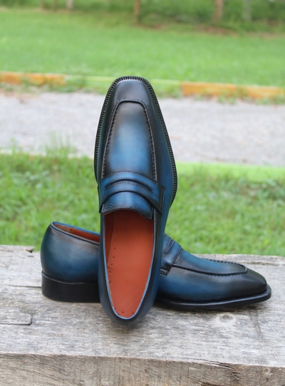Crafted Leather New Handmade Men Blue Leather Moccasins Loafers Dress Shoes 
