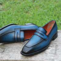 Crafted Leather New Handmade Men Blue Leather Moccasins Loafers Dress Shoes  - Thumbnail 2
