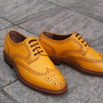 Crafted leather yellow luxury handmade wingtip oxford dress shoes for mens - Thumbnail 5