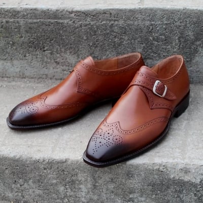 Crafted leather handmade brown leather wingtip monk strap dress shoes - Thumbnail 4