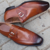 Crafted Leather Handmade Brown Leather Wingtip Monk Strap Dress Shoes - Thumbnail 1