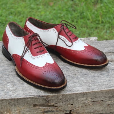 Crafted leather spectator burgundy white leather oxford wingtip shoes - Thumbnail 5