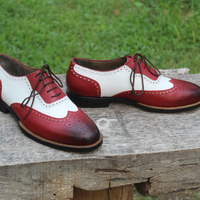 Crafted Leather Spectator Burgundy White Leather Oxford Wingtip Shoes - Thumbnail 1