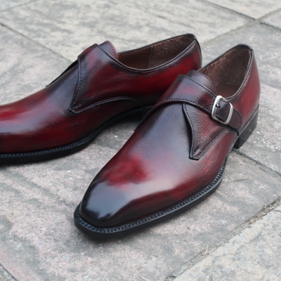 Crafted leather handmade blakish burgundy leather single monk stylish men shoes - Thumbnail 4