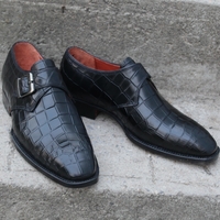 Crafted Leather Classic Handmade Black Crocodile/Alligator Leather Monk Strap Dress Shoes For Men - Thumbnail 2