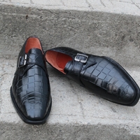 Crafted Leather Classic Handmade Black Crocodile/Alligator Leather Monk Strap Dress Shoes For Men - Thumbnail 1